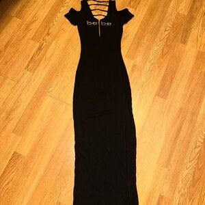 bebe Black Cold-Shoulder Strappy Maxi Dress with Logo